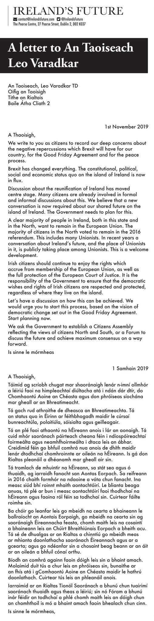 Screenshot of the letter to Leo Varadkar in the Irish Times. 